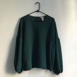 H&M Dark Teal Ribbed Sheer Long Sleeve Blouse